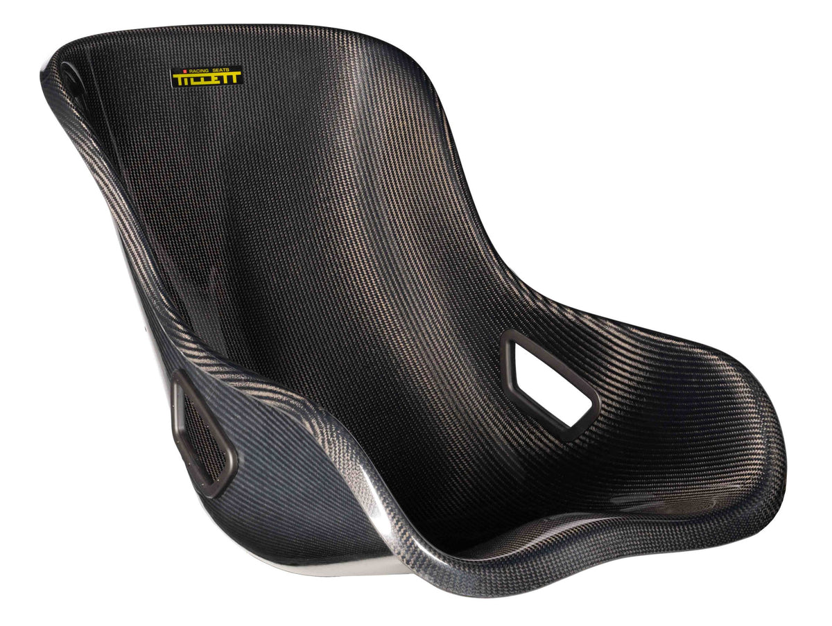 TILLETT W2I racing car seat with black and green fabric, racing seat with side bolsters and safety harness openings.