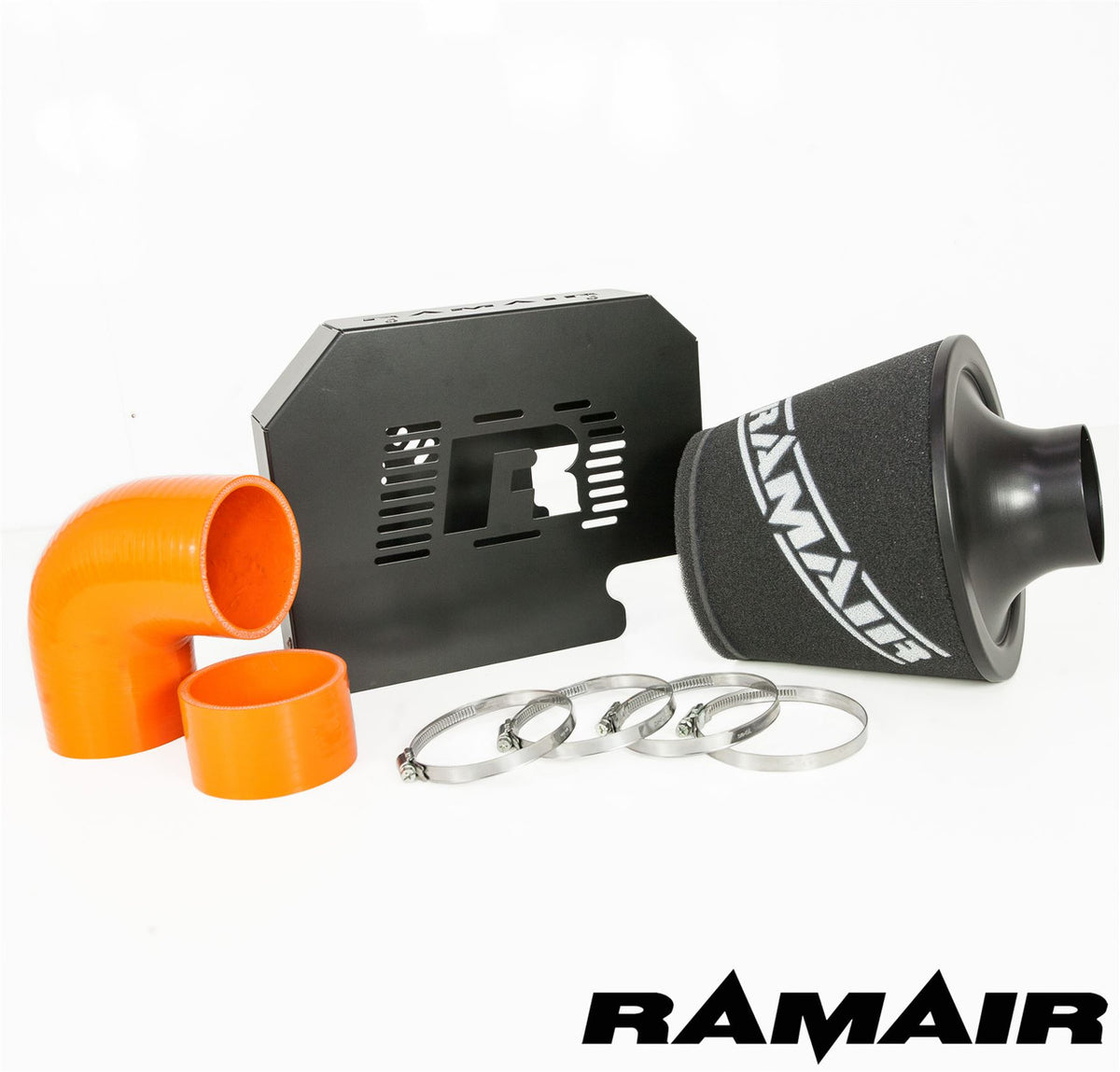 Ramair Ford Focus ST 225 orange performance induction kit with ECU holder, showcasing the high-flow air filter and intake tubing.
