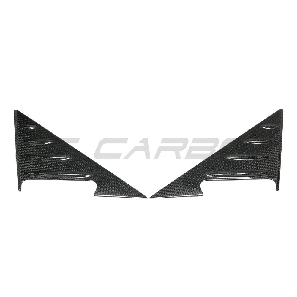 BMW M3 and 3 Series G80/G81/G20/G21 carbon fiber mirror pillar trim by CT Carbon, showing close-up of sleek, textured black accessories.