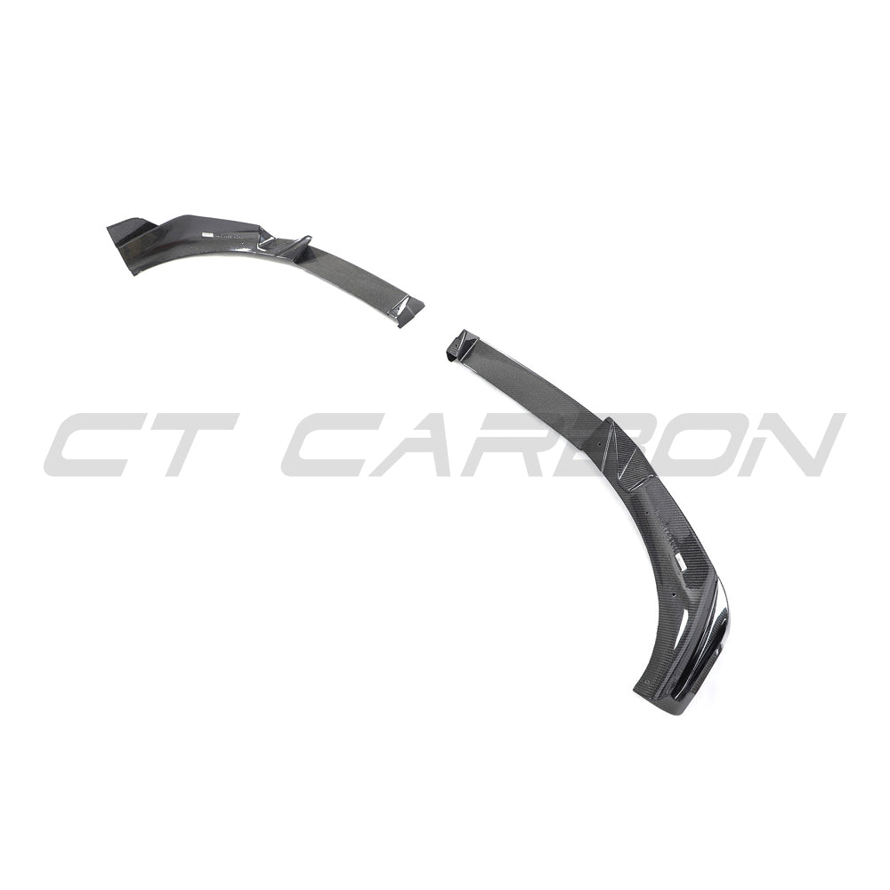 BMW X3/X4 G01/G02 2022+ CT Carbon carbon fibre splitter installed on front bumper, showcasing sleek, aerodynamic design.