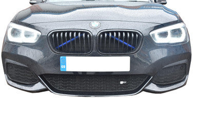 ZunSport BMW M140i front grille set showing sleek black design with mesh detailing on a sporty vehicle.