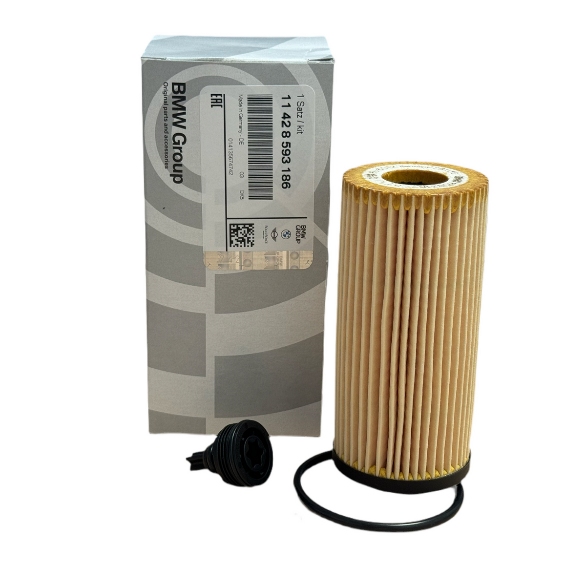 Genuine BMW oil filter 11428593186 for F40 F45 F46 F48 F55 F56 F57 models, showing the metal and rubber components.