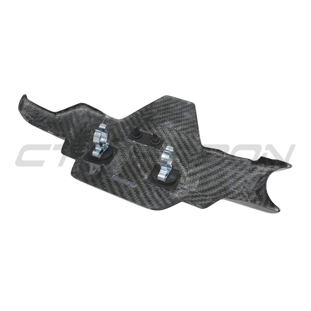 CT Carbon carbon fiber lower engine bay cover for BMW F90 M5 and M8 series 2018-2026, shown installed in engine compartment.