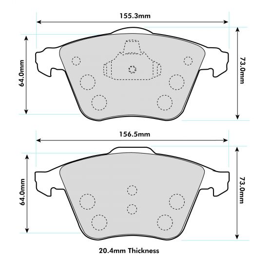 PBS VW Golf Mk5/6 front performance brake pads 8601 shown mounted on brake caliper, designed for enhanced stopping power.
