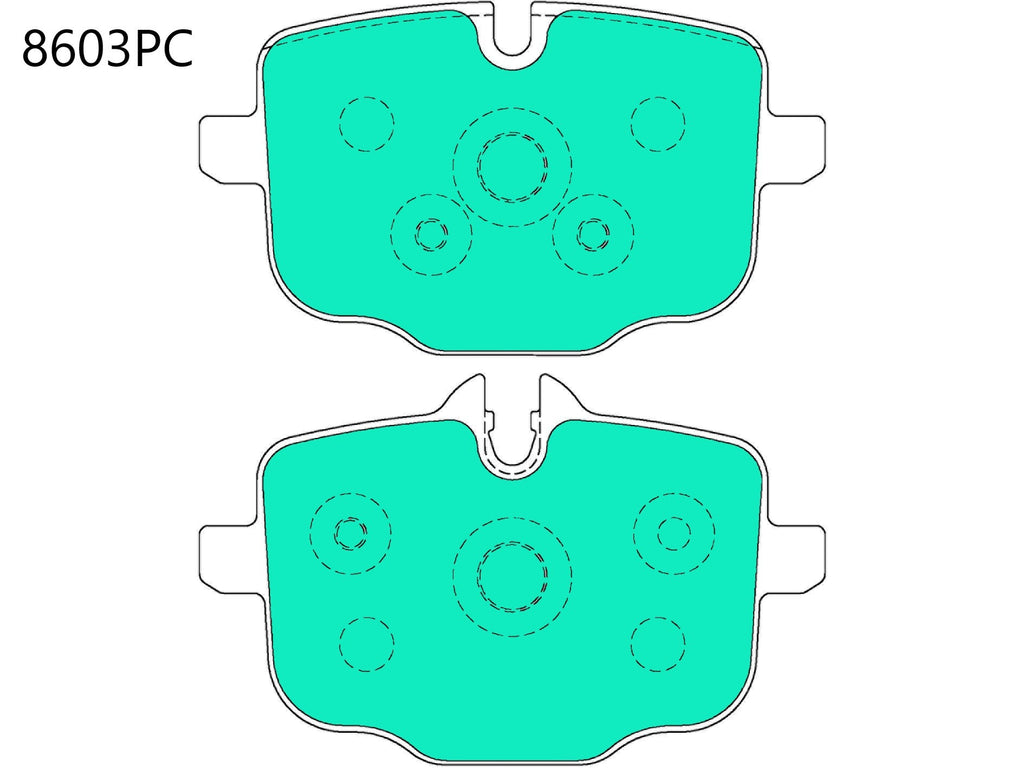 BMW G80 M3/M4 rear performance brake pads by PBS, showing the brake pad set with metal backing and friction material.