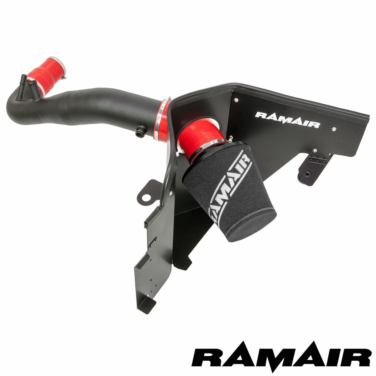 Ramair Ford Mustang 2.3 Ecoboost jet stream foam air filter heat shield and red hard pipe induction kit, detailed view of the components