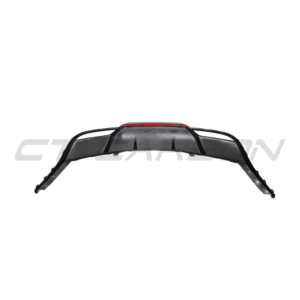 CT Carbon Tesla Model 3 Facelift 2023+ carbon fiber diffuser, V1, sleek automotive upgrade with textured carbon fiber finish.