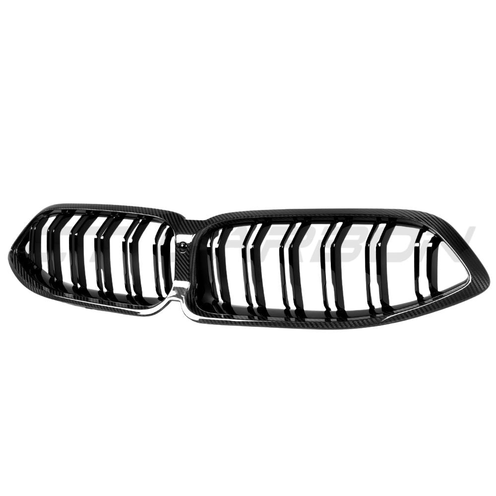 BMW 8 Series G14/G15/G16 LCI 2023+ CT Carbon carbon fibre double slat grille installed on front of the vehicle