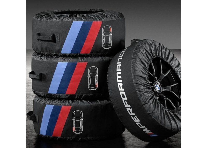 Genuine BMW F10 F30 F90 G20 M Performance tyre storage bag set, vehicle accessories in black with BMW logo detailing.