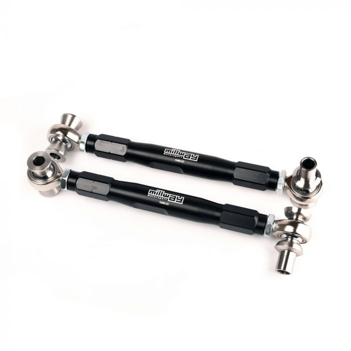 Millway Motorsport adjustable rear camber links for F8X M2, M3, M4, showing metal linkage components for suspension tuning.