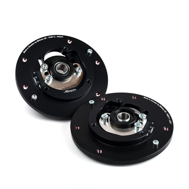 Millway Motorsport adjustable camber plates for F82 M4 GTS suspension top mounts, shown installed on car.