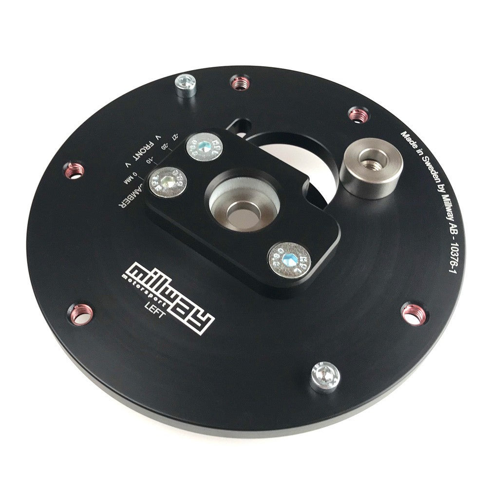 Millway Motorsport street camber plates for F2X/F3X series suspension top mounts, showing black adjustable mounts with mounting bolts.