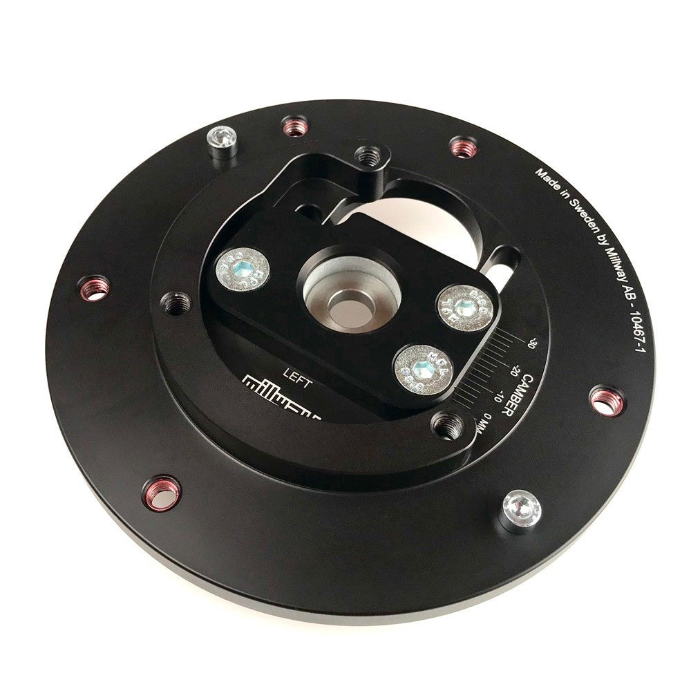 Millway Motorsport street camber plates for F87 M2 suspension top mounts, shown with metal components and mounting hardware.