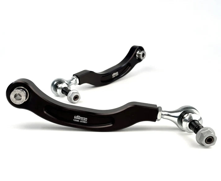 Millway Motorsport adjustable rear camber links for G8X M2, M3, M4, showing the sturdy control arms with adjustment hardware.