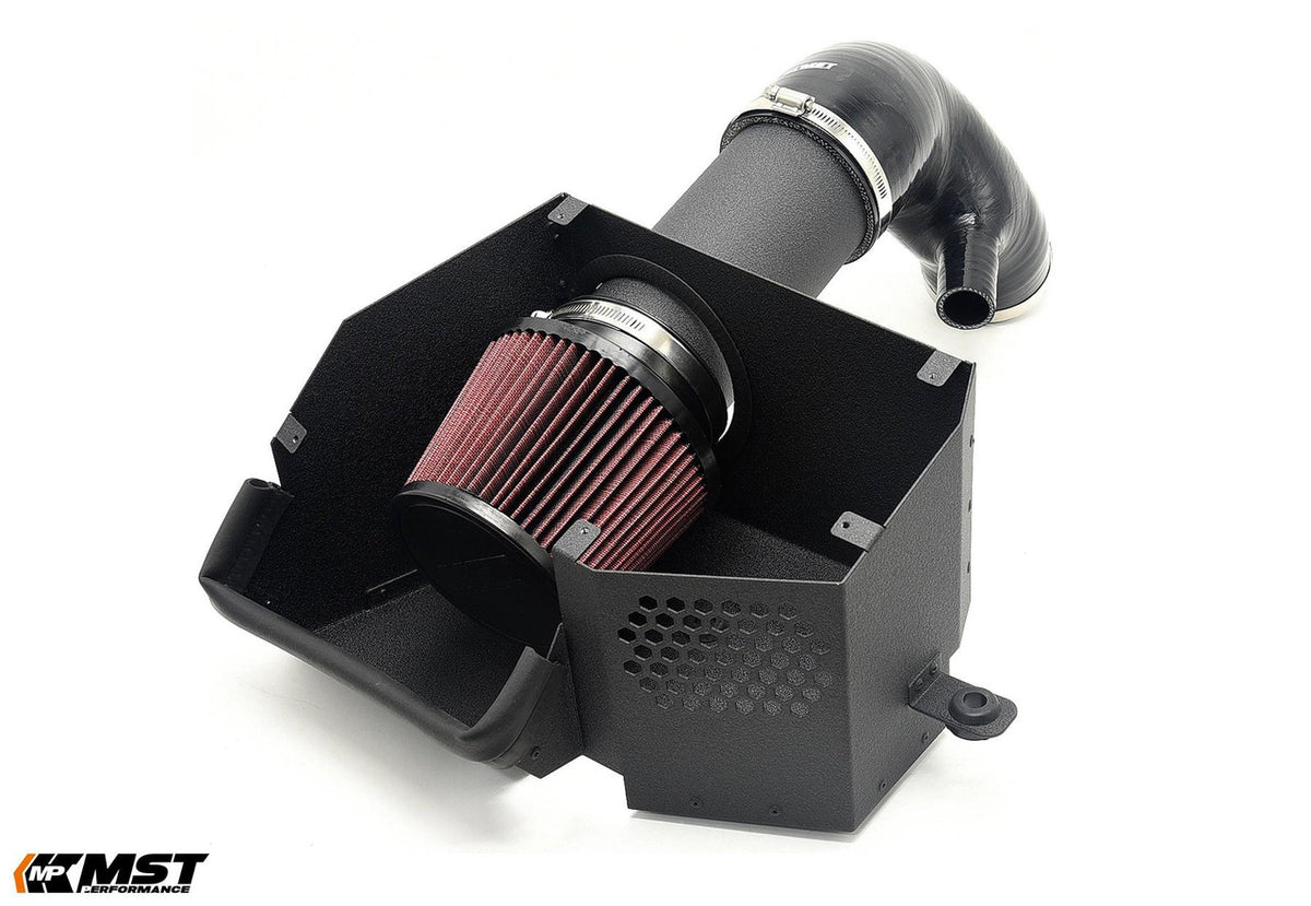 MST Performance induction kit for MK8 Golf EA888 EVO, showing the intake components and air filter for improved engine airflow.