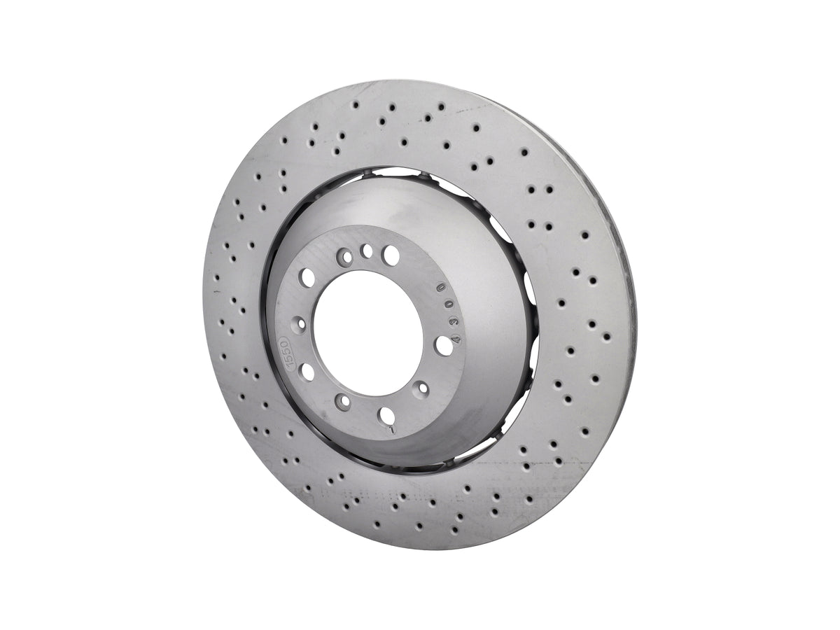 Genuine Porsche front brake disc for Porsche 981 and 718 GT4 models, showing the ventilated brake disc with mounting holes.