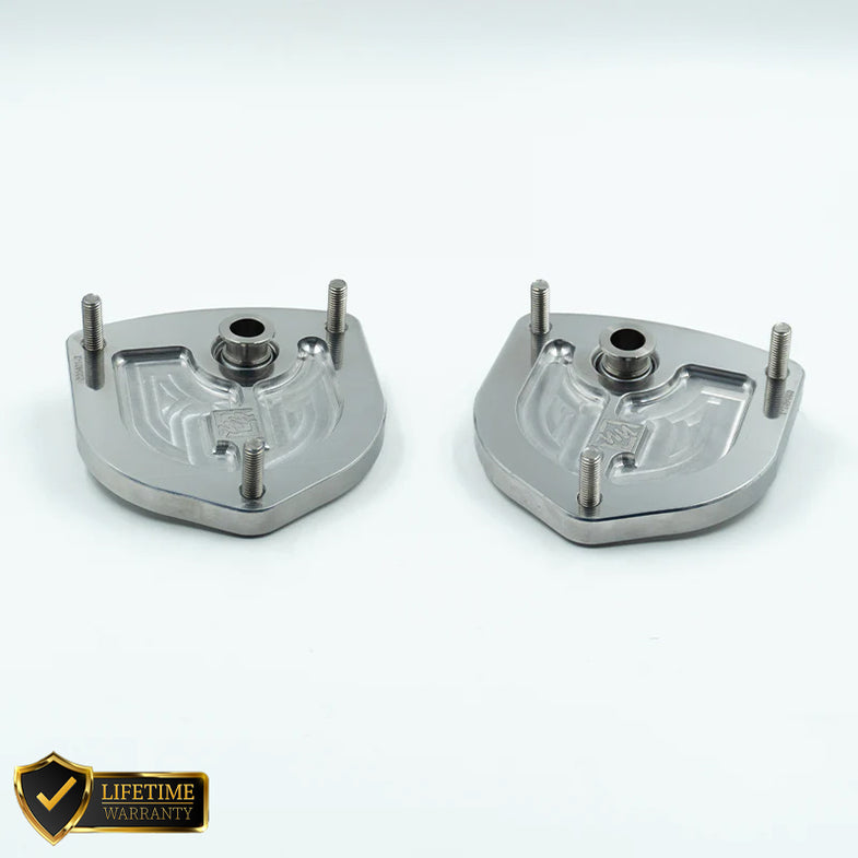 Suspension Secrets camber caster plate top mounts for Porsche 911 (991) GT3, RS, and GT2RS suspension upgrade, shown in image.