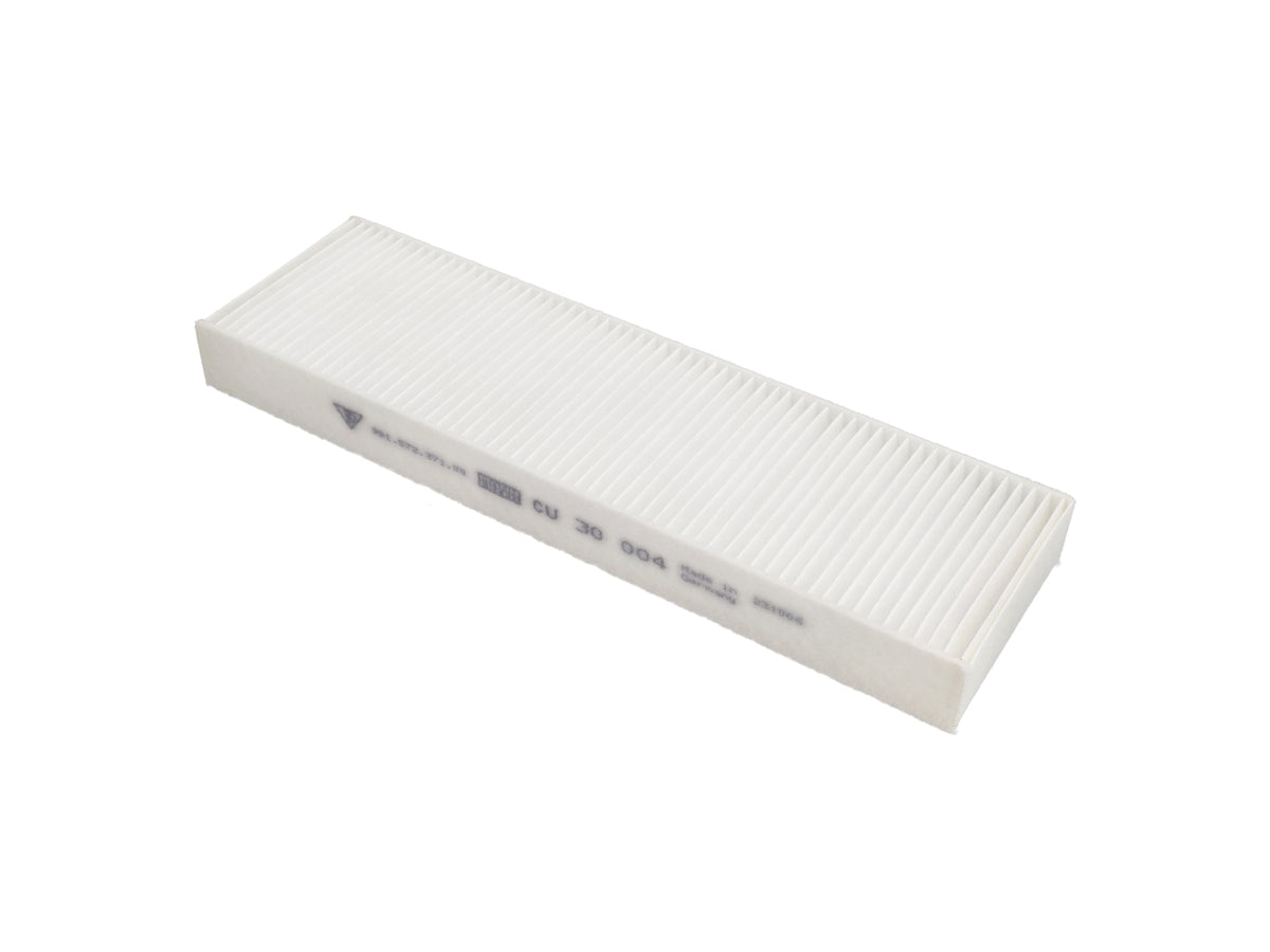 Genuine Porsche cabin air filter for Porsche 981, 718, 991 GT models, shown in the image with clean filter media and black plastic frame.