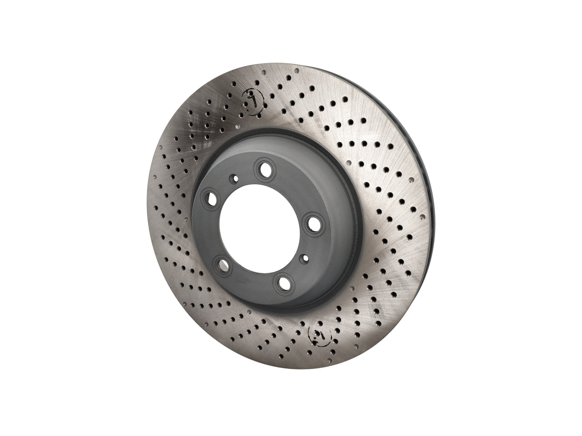 Genuine Porsche front brake discs 350x34mm for Porsche 996 and 997 GT3 models, showing the vented brake disc surface.