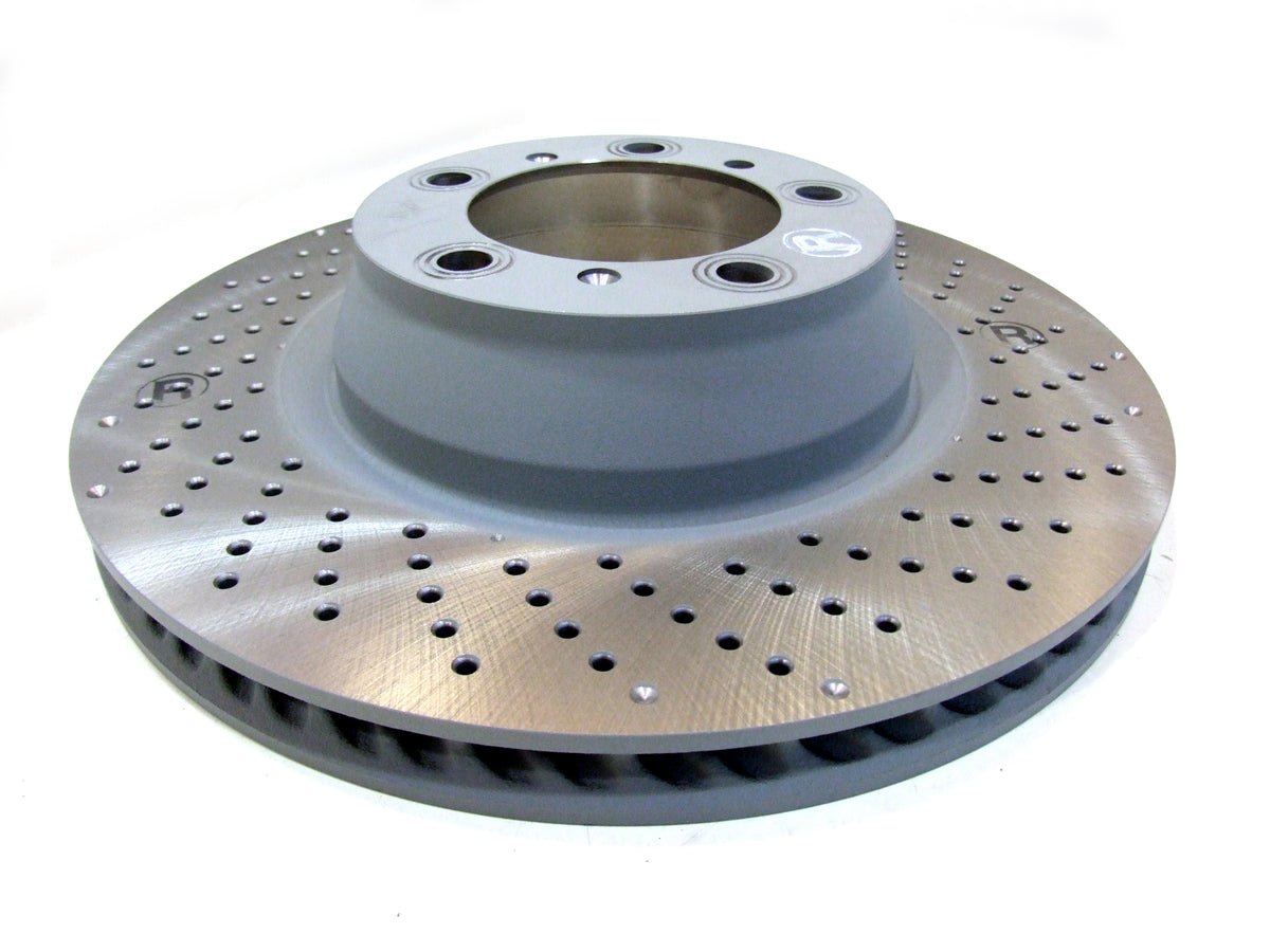 Genuine Porsche rear brake discs for Porsche 997 GT3, 350x28mm, showing the vented and drilled design for effective braking.