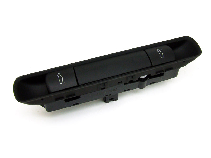 Genuine Porsche 997 GT3 bonnet and rear-lid switch panel with labeled switches, close-up of switch layout and connectors.