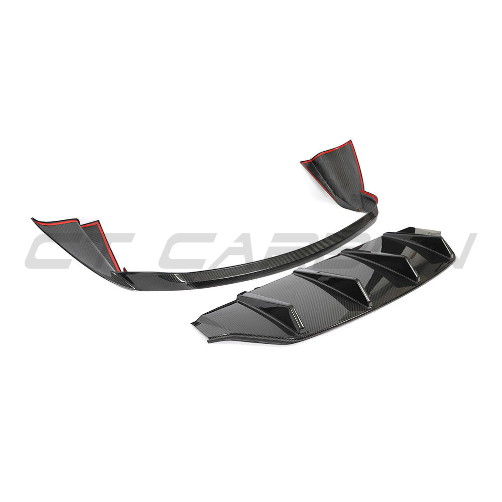 CT Carbon Porsche Taycan 2020-2024 carbon fibre diffuser showing sleek, aerodynamic design with textured carbon fibre finish.