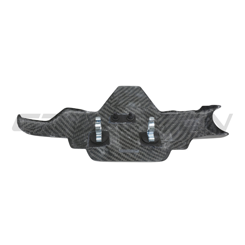 BMW F90 M5 and M8 carbon fiber lower engine bay cover by CT Carbon, showcasing sleek, lightweight automotive accessory.