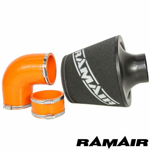 Ramair Ford Focus ST 225 orange performance induction kit with ECU holder, featuring high-flow air filter and custom intake components.