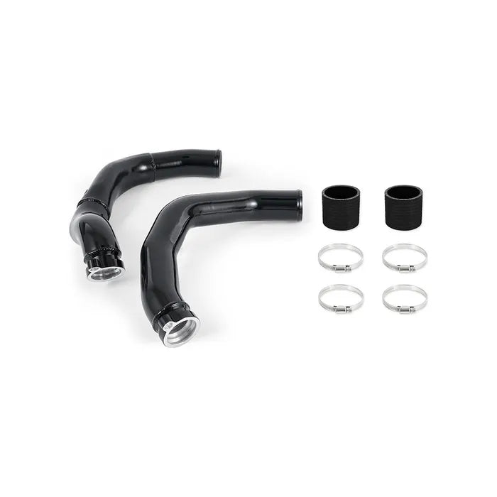 MISHIMOTO black sapphire performance charge pipe kit for BMW F8X M3 M4 engine, showcasing the engine bay with upgraded piping.