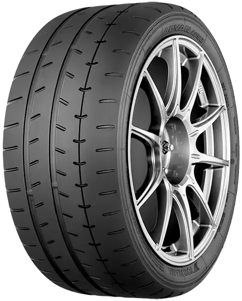 Yokohama Advan A052 tires with tread pattern, black rubber surface, sidewall branding, and close-up view of the high-performance tires.