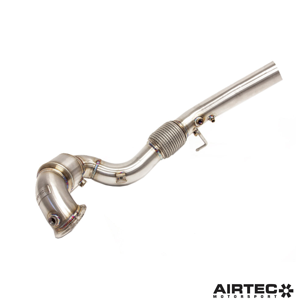 Airtec Motorsport 200 Cell Sports Cat Downpipe for MK8 Golf R, showcasing stainless steel construction and high-performance design.