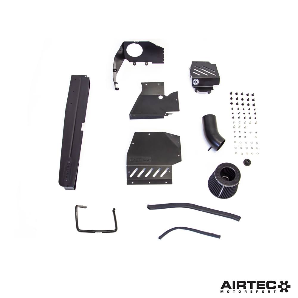 Airtec Motorsport enclosed induction kit hoses for 1.8 and 2.0 TSI EA888 engines, shown with high-quality silicone hoses and clamps.