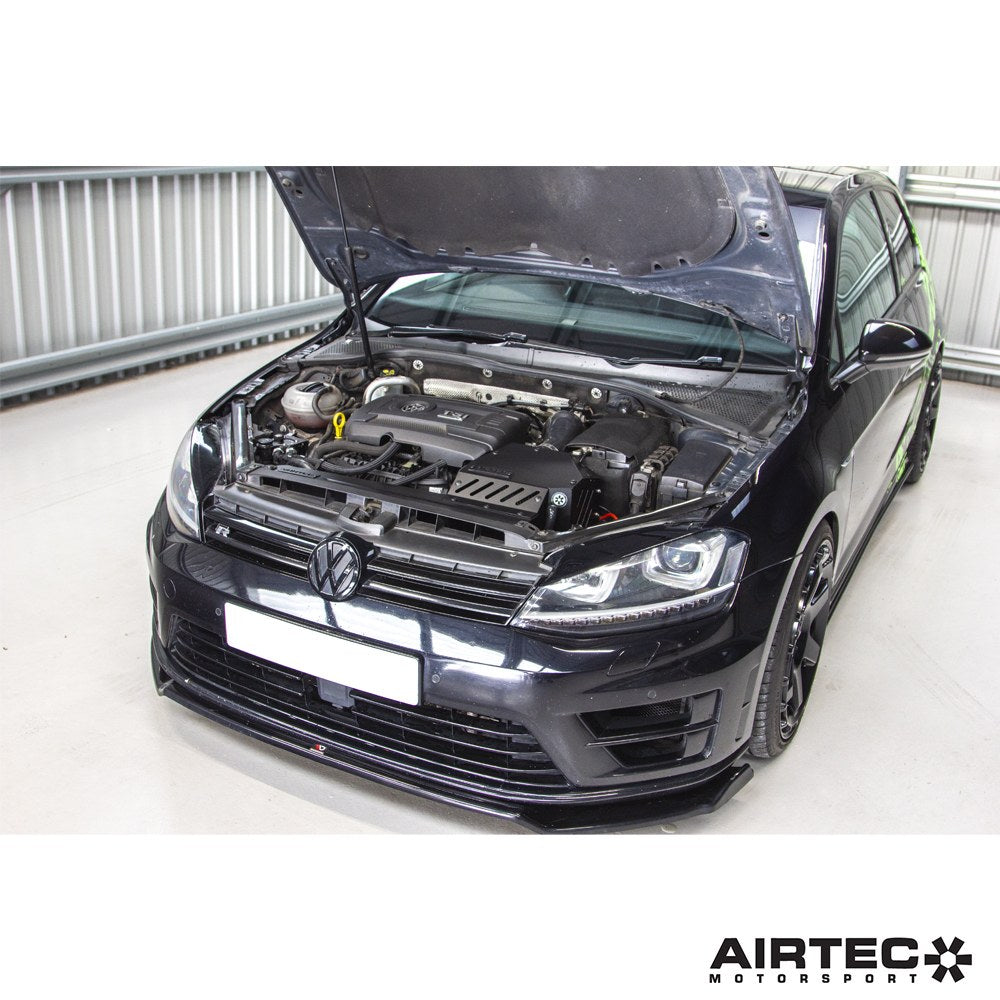 Airtec Motorsport enclosed induction kit hoses for 1.8 and 2.0 TSI EA888 engines, shown on a 2014+ VW MK7 vehicle.