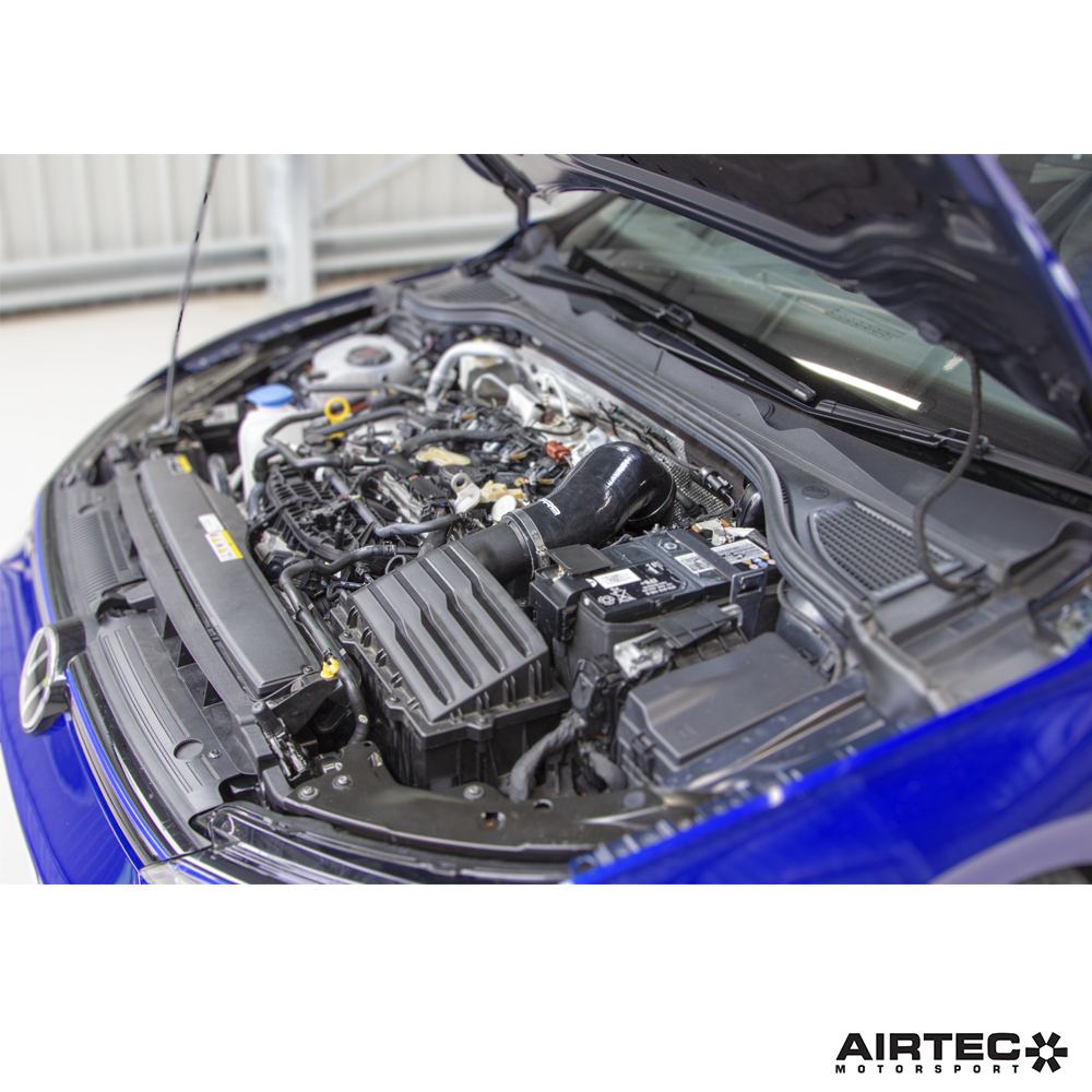 Airtec Motorsport turbo elbow hose for EA888 Gen 4 engine, designed for 300-320PS, with a close-up view of the hose fitting.