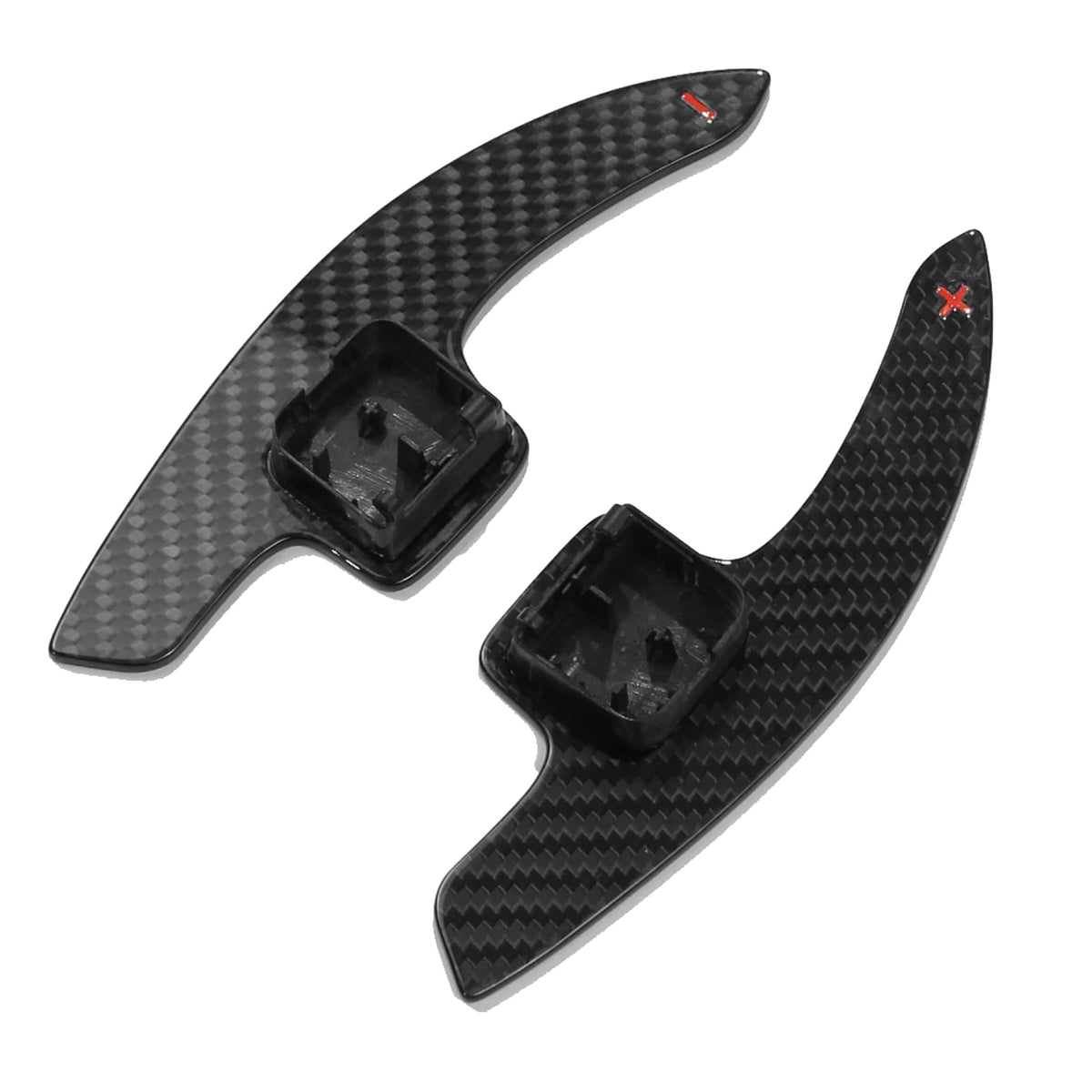 Carbon fiber shifter paddles for Audi A3, S3, RS3 8V models, by CT Carbon, shown installed on the steering wheel.