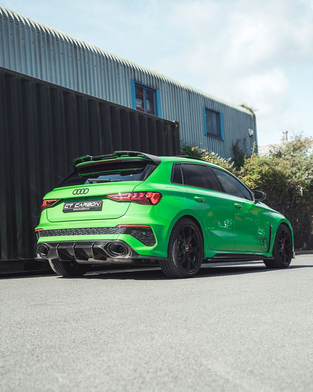 Audi A3/S3/RS3 8Y 2021+ Sportback carbon fibre spoiler by CT Carbon installed on the rear of the vehicle.