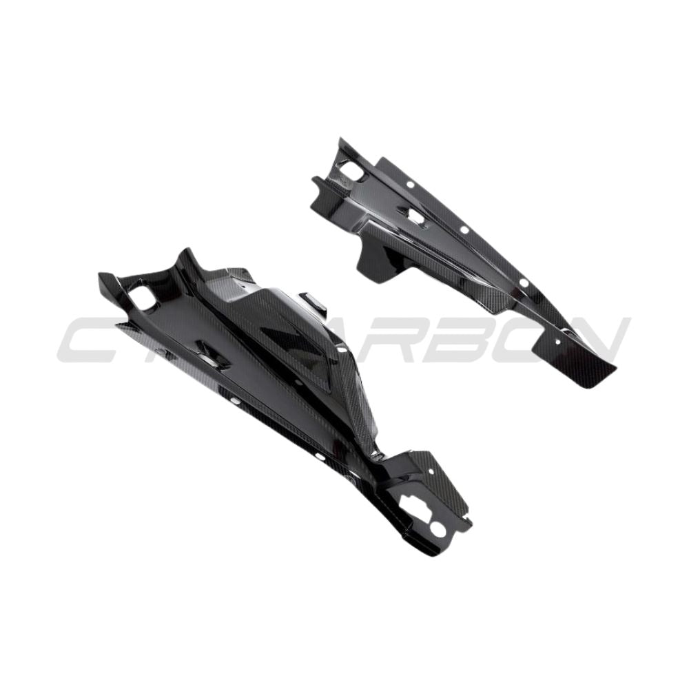 Carbon fibre engine bay trim for Audi R8 Coupe 2015+ by CT Carbon, showing sleek, high-quality engine bay accessories in black carbon fiber.