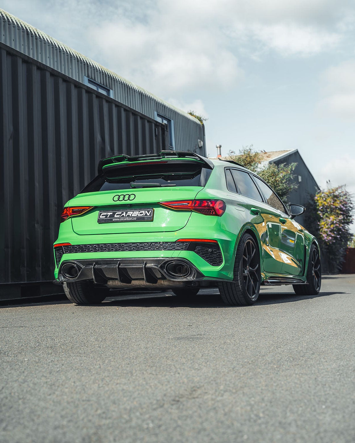 Audi RS3 8Y 2022-2024 Sportback carbon fibre diffuser by CT Design, showcasing sleek, textured carbon fibre material and aerodynamic design.