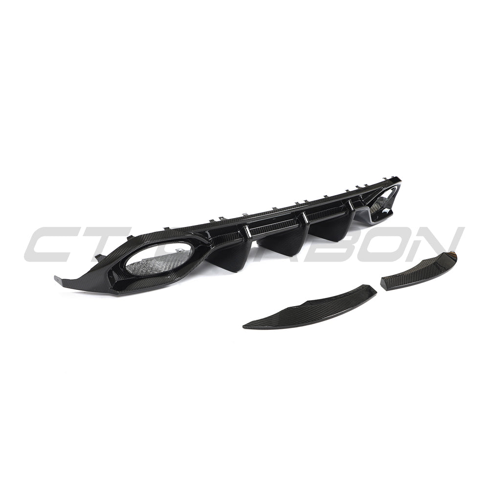 Carbon fibre diffuser for Audi RS3 8Y Sportback 2022-2024 by CT Design, shown installed on the rear of the car.