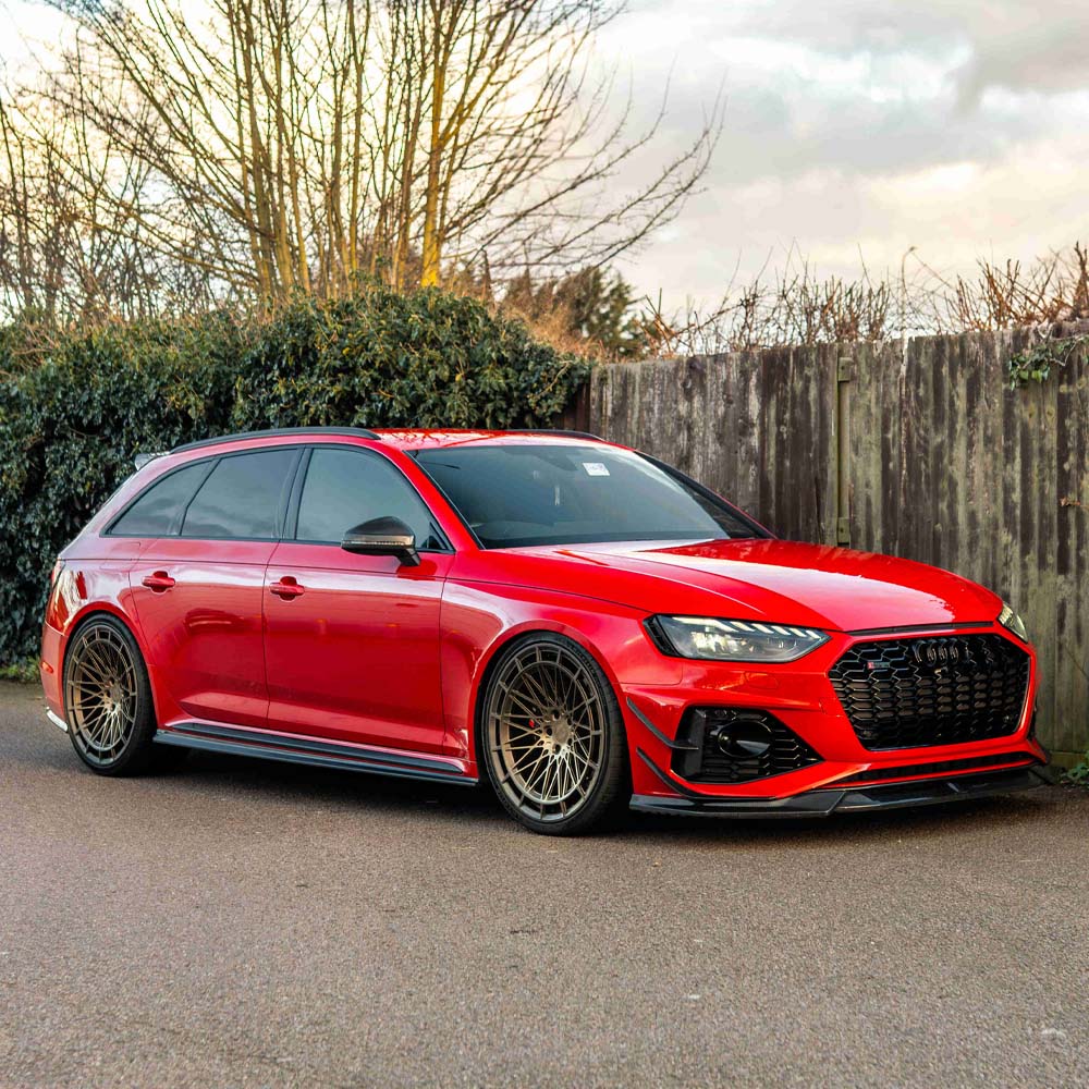 Audi RS4 B9.5 carbon fibre kit by CT Carbon, showing close-up of sleek, high-quality carbon fibre components for sporty car upgrade.