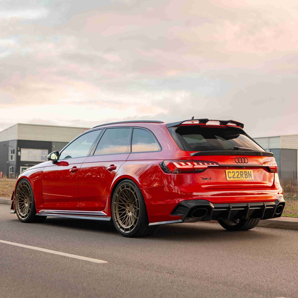 Audi A4/S4/RS4 B9 and 9.5 carbon fibre middle spoiler by CT Carbon, shown installed on the vehicle's rear trunk.