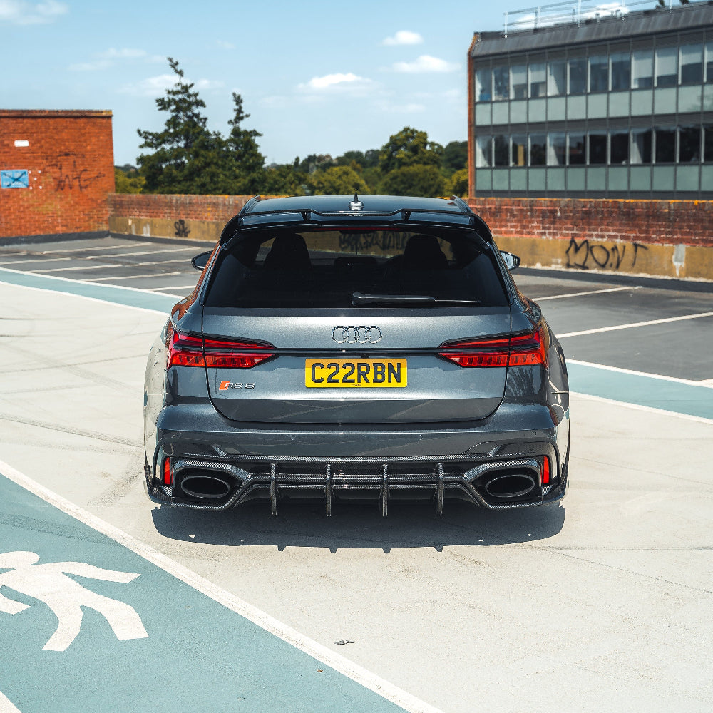 Audi RS6 C8 and RS7 C8 carbon fibre diffuser by CT Design, showcasing sleek carbon fibre material and aerodynamic design.