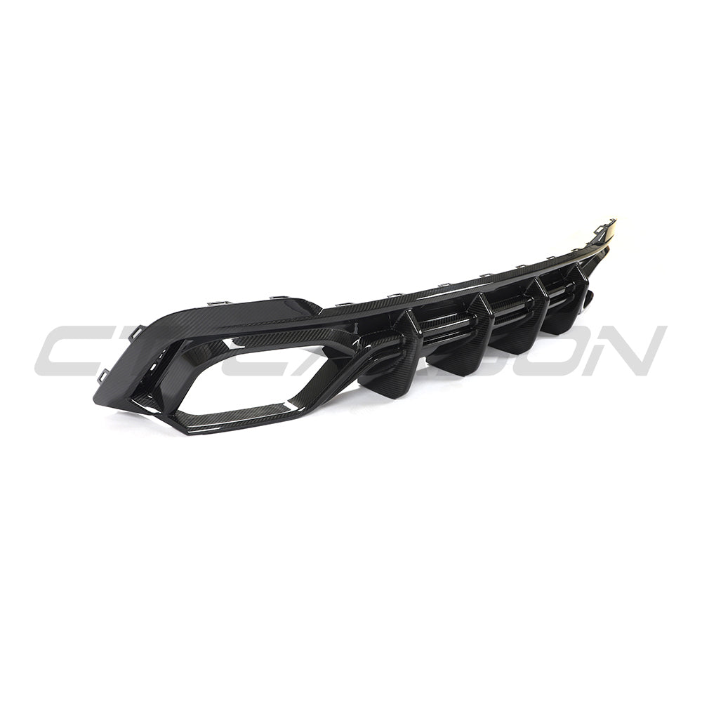 Carbon fibre diffuser for Audi RS6/RS7 C8 by CT Carbon, showcasing sleek aerodynamic design and high-quality craftsmanship.