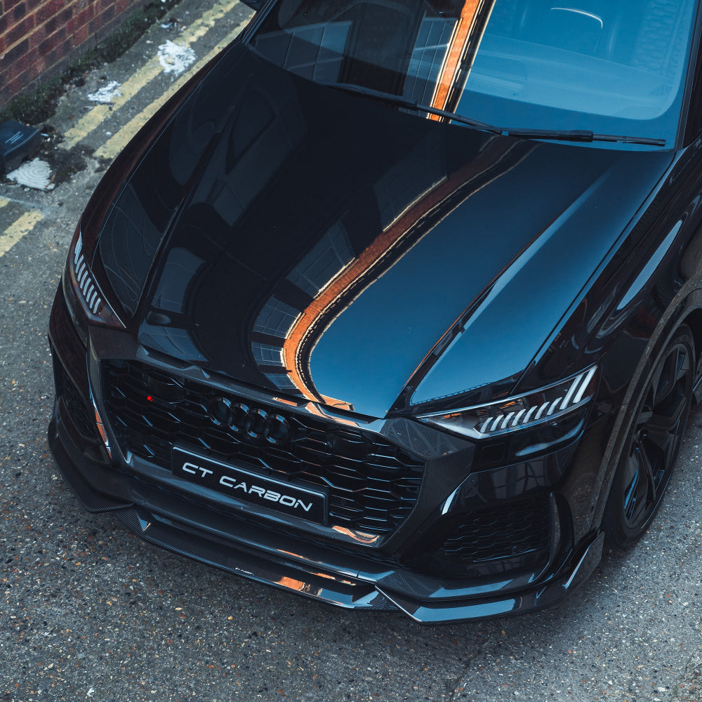 AUDI RSQ8 2020-2025 carbon fibre front splitter by CT Design, showcasing sleek aerodynamic design and high-quality finish.