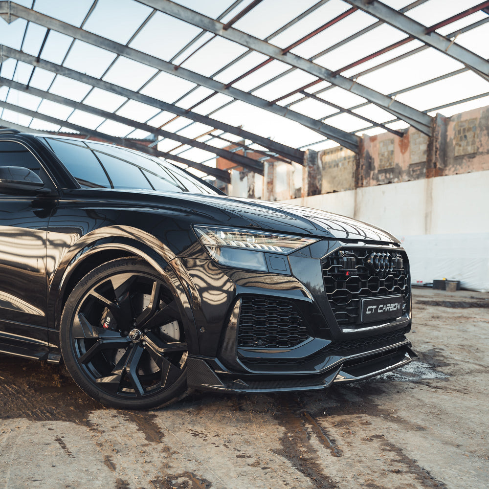 Audi RSQ8 2020-2025 carbon fiber front splitter by CT Design, lightweight aerodynamic car part for enhanced performance.