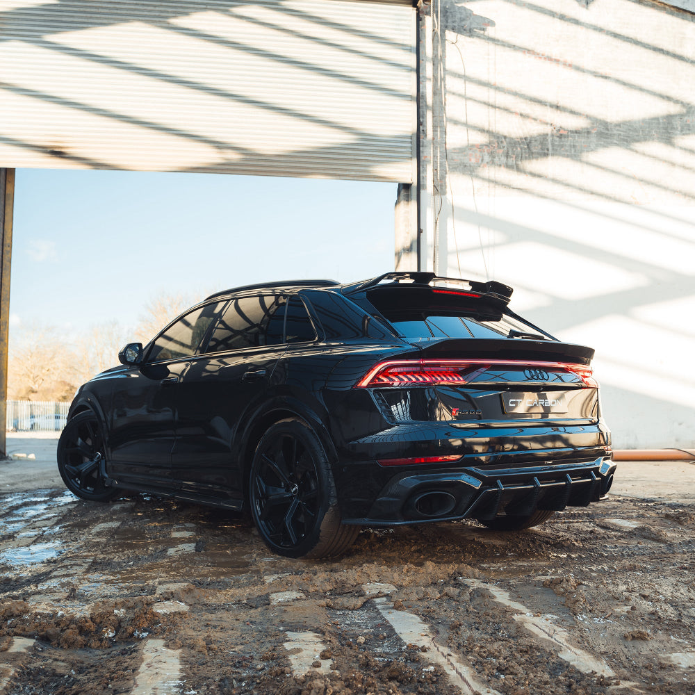 Carbon fibre rear boot spoiler for Audi RSQ8 2020 by CT Design, showcasing sleek design and high-quality finish.