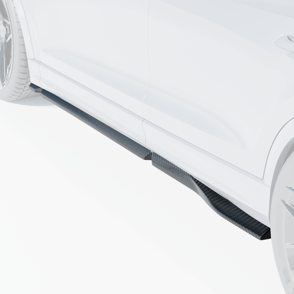 Audi RSQ8 2020+ carbon fibre side skirts by CT Carbon, featuring sleek, lightweight design for enhanced vehicle aerodynamics.