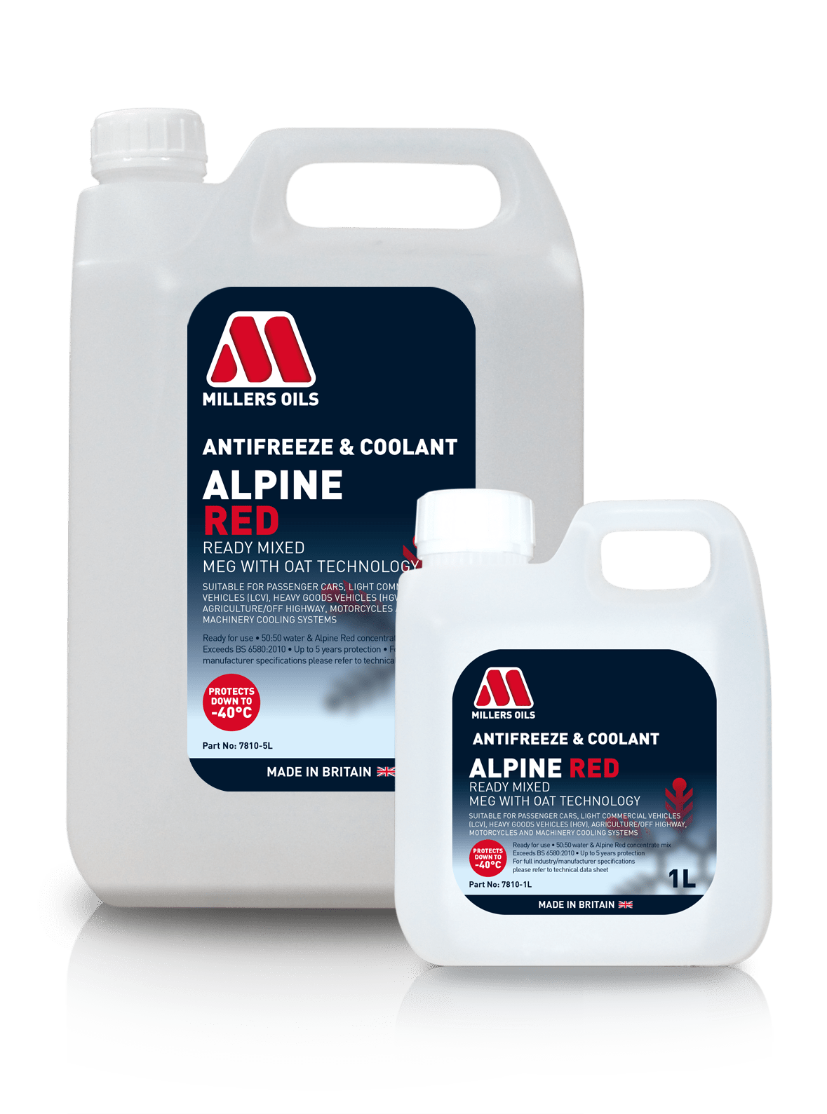 Millers Oils Alpine Red Ready Mixed Antifreeze coolant in a container, designed for automotive engine cooling systems.