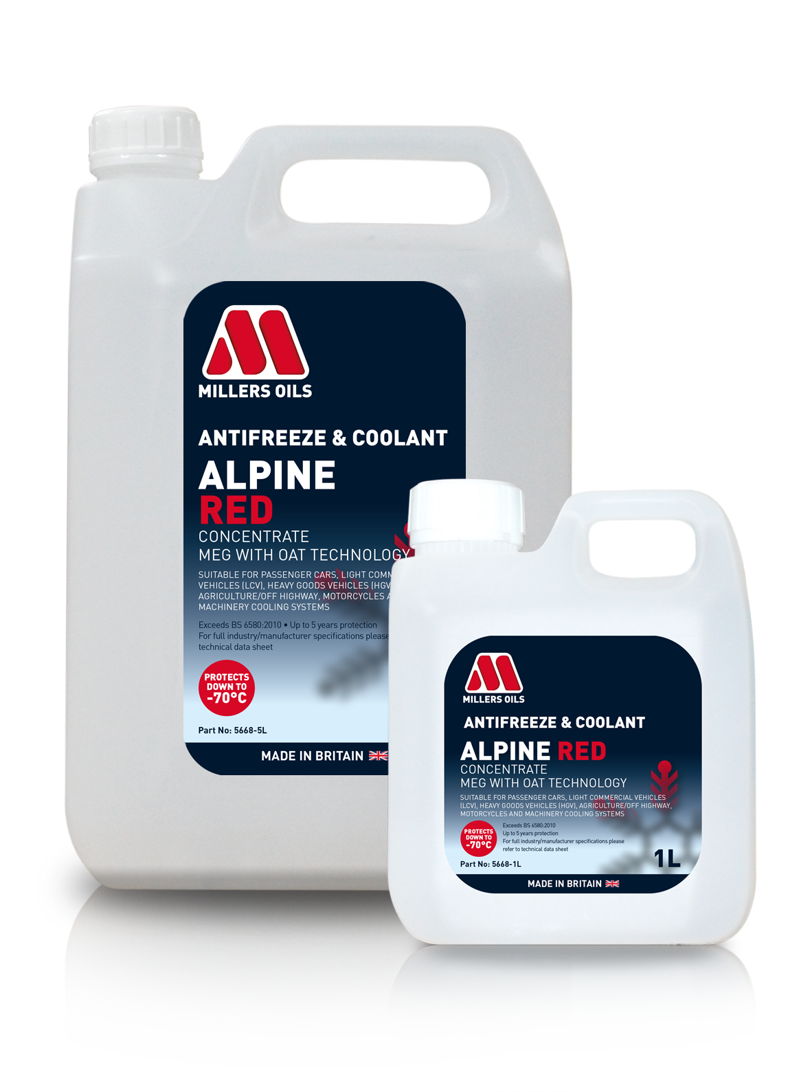 Millers Oils Alpine Red Antifreeze Extend coolant container, bright red liquid in a silver-gray bottle with product label.