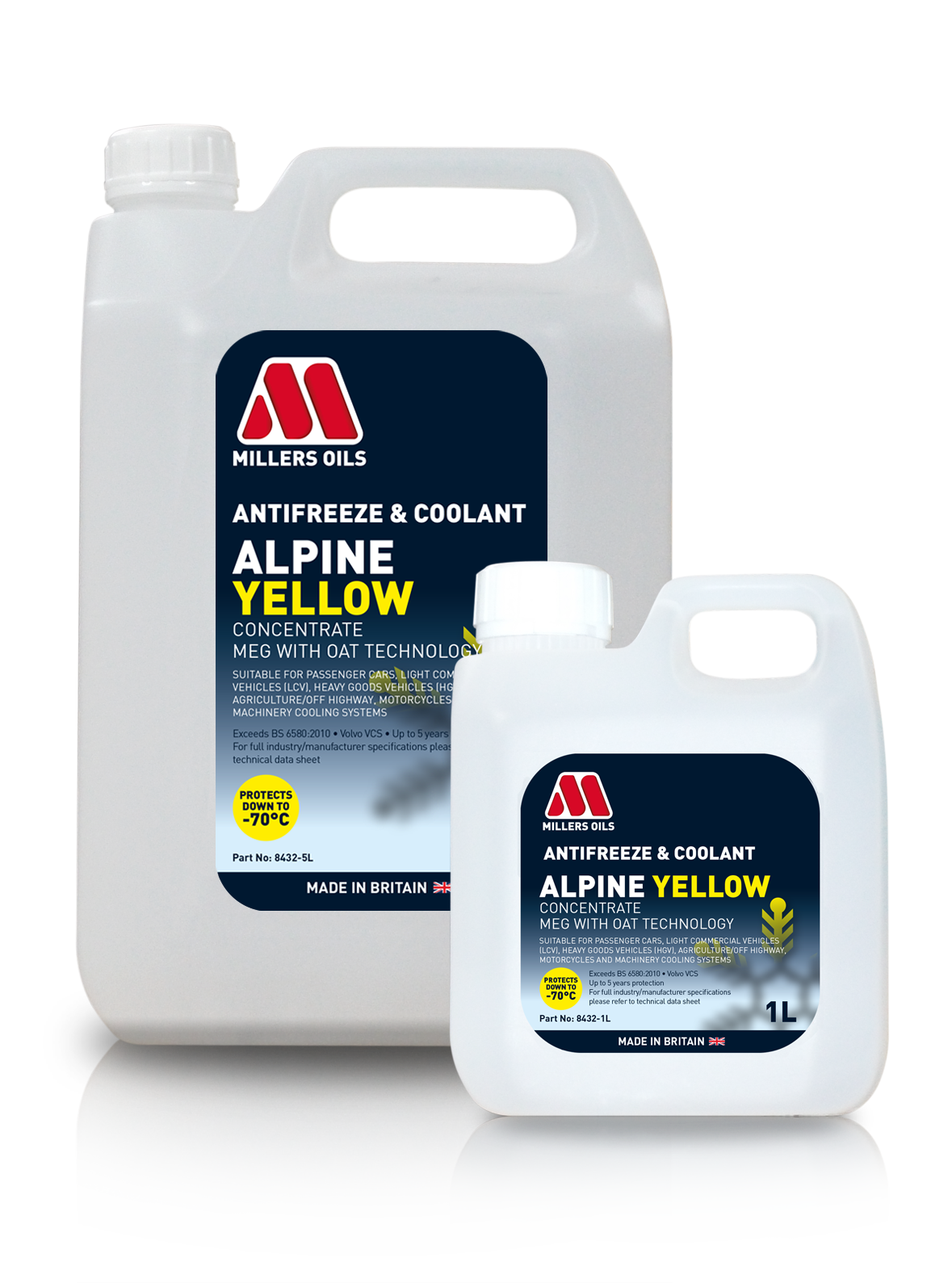 Millers Oils Alpine Yellow Concentrate Antifreeze coolant container with yellow label and cap, designed for vehicle engine protection.